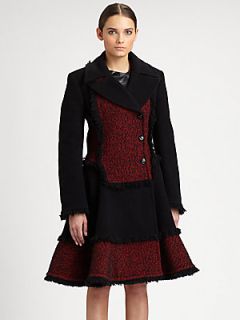 McQ Alexander McQueen Fringed Tweed Dress Coat   Black Cherry