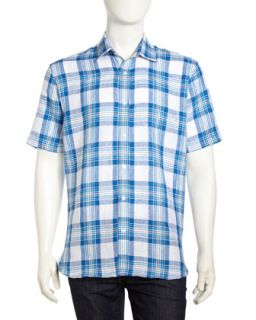 Short Sleeve Plaid Linen Shirt, Harbor Blue
