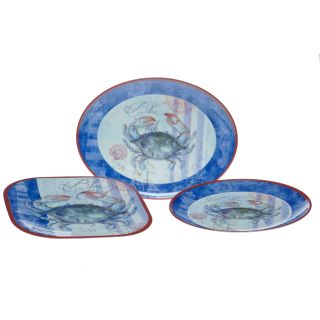 Certified International Blue Crab 3 piece Serving Set (MultiMaterials MelamineCare instructions Dishwasher safeNumber of pieces Set of threeDesigned by Geoff AllenSet includesOval platter 18 inches x 13.5 inchesSquare platter 13 inches3 section serv