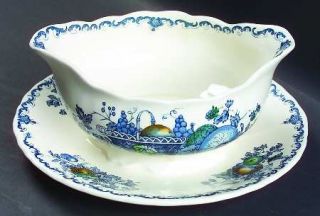 Masons Fruit Basket Blue Multicolor Gravy Boat with Attached Underplate, Fine C
