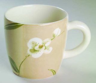 Crate & Barrel China Orchid Mug, Fine China Dinnerware   White Flowers, Beige/Ta