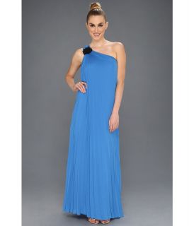 Halston Heritage Plisse Georgette One Shoulder Gown w/ All Over Pleating Womens Dress (Blue)